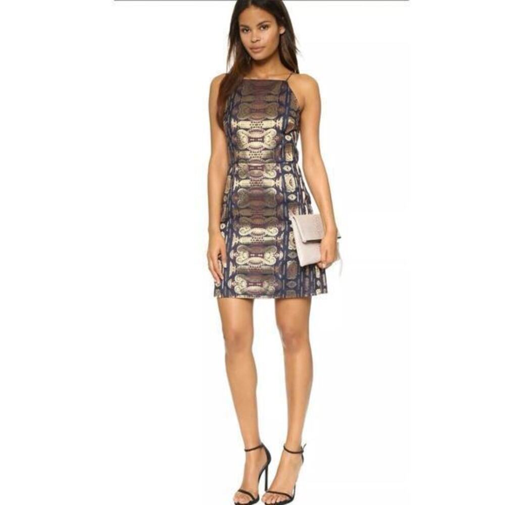 Tory Burch dress size 4 sheath tribal brocade India purple gold metallic y2k
